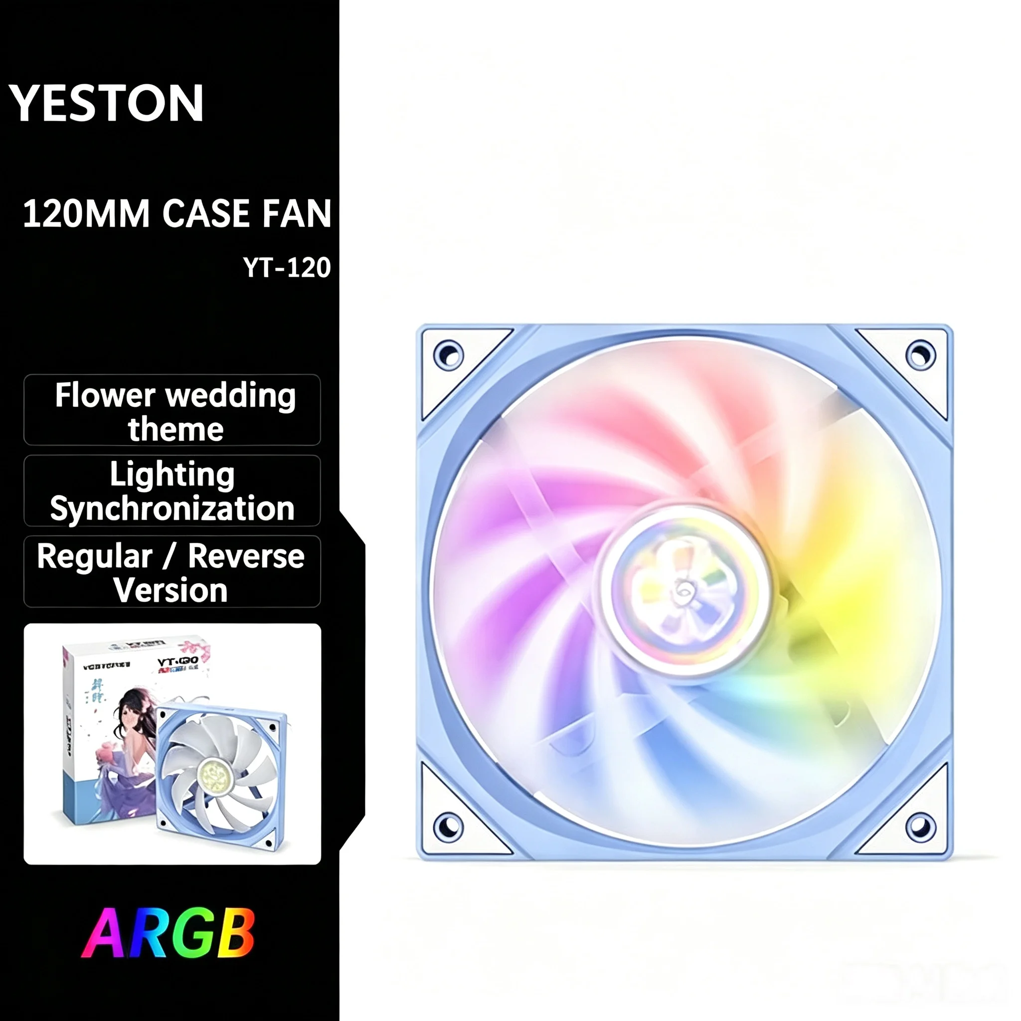 YESTON YT‑120 120mm ARGB Case Fan Flower Wedding Theme Lighting Sync Regular Reverse Version PC Desktop Cooling Fan