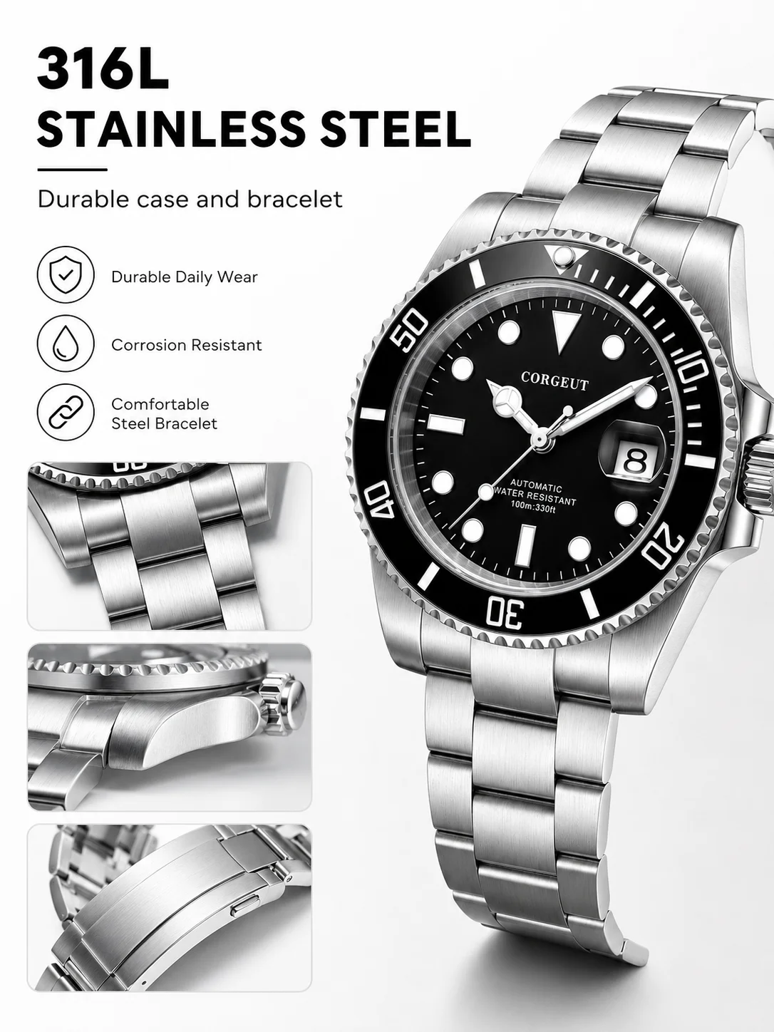 CORGEUT 6001G NH35 Automatische Taucheruhr 40mm Saphirglas 100M Wasserdicht Stahlarmband – Detail 5
