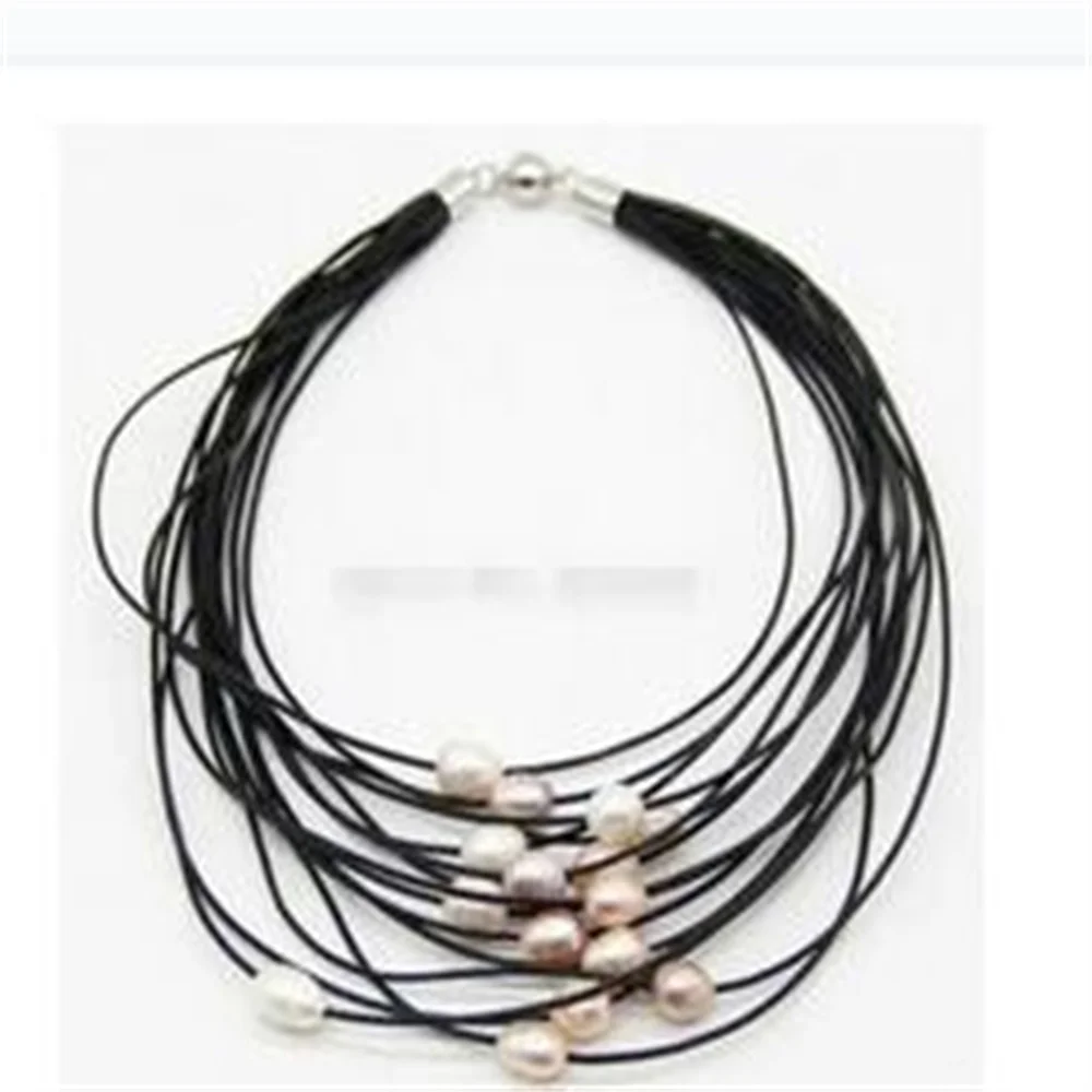 15ROW 10-12 MM CULTURE LEATHER PEARL ROPE HANWORK NECKLACE 16 