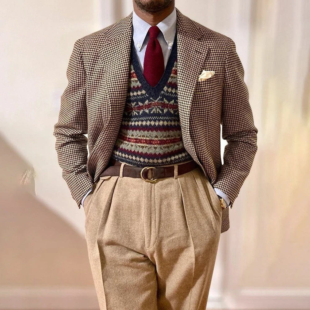 Men's Mixed Pattern Suits Set Houndstooth Blazer & Herringbone Pants 2 Piece Designer Matching Set Fashion Wedding Party Wear