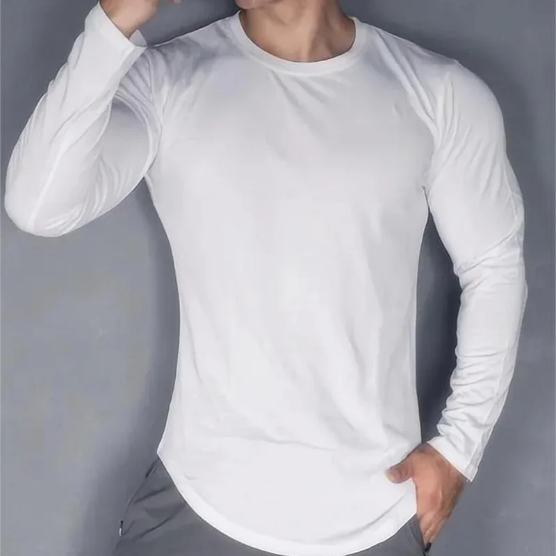 Męska koszulka do biegania, sportu i fitnessu na jesień i zimę Biała koszulka sportowa i rekreacyjna z długim rękawem Slim Base T-shirt