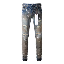 Men's American High Streetwear Distressed Skinny Button Fly Splash Paints Printing Ripped Holes Jeans Pants