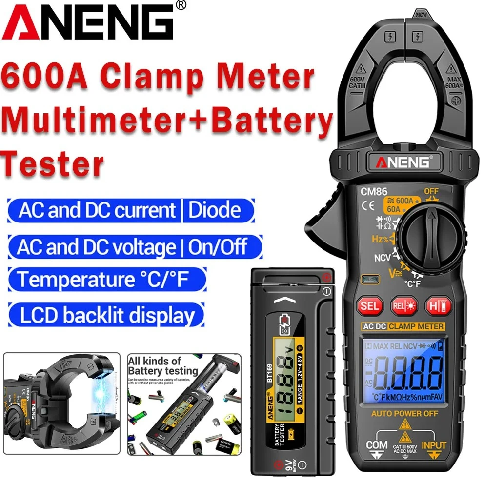 

600A AC/DC Current Clamp Meter Multimeter Digital Voltage Diode Tester ANENG CM86+BT169 Universal Battery Professional Detector