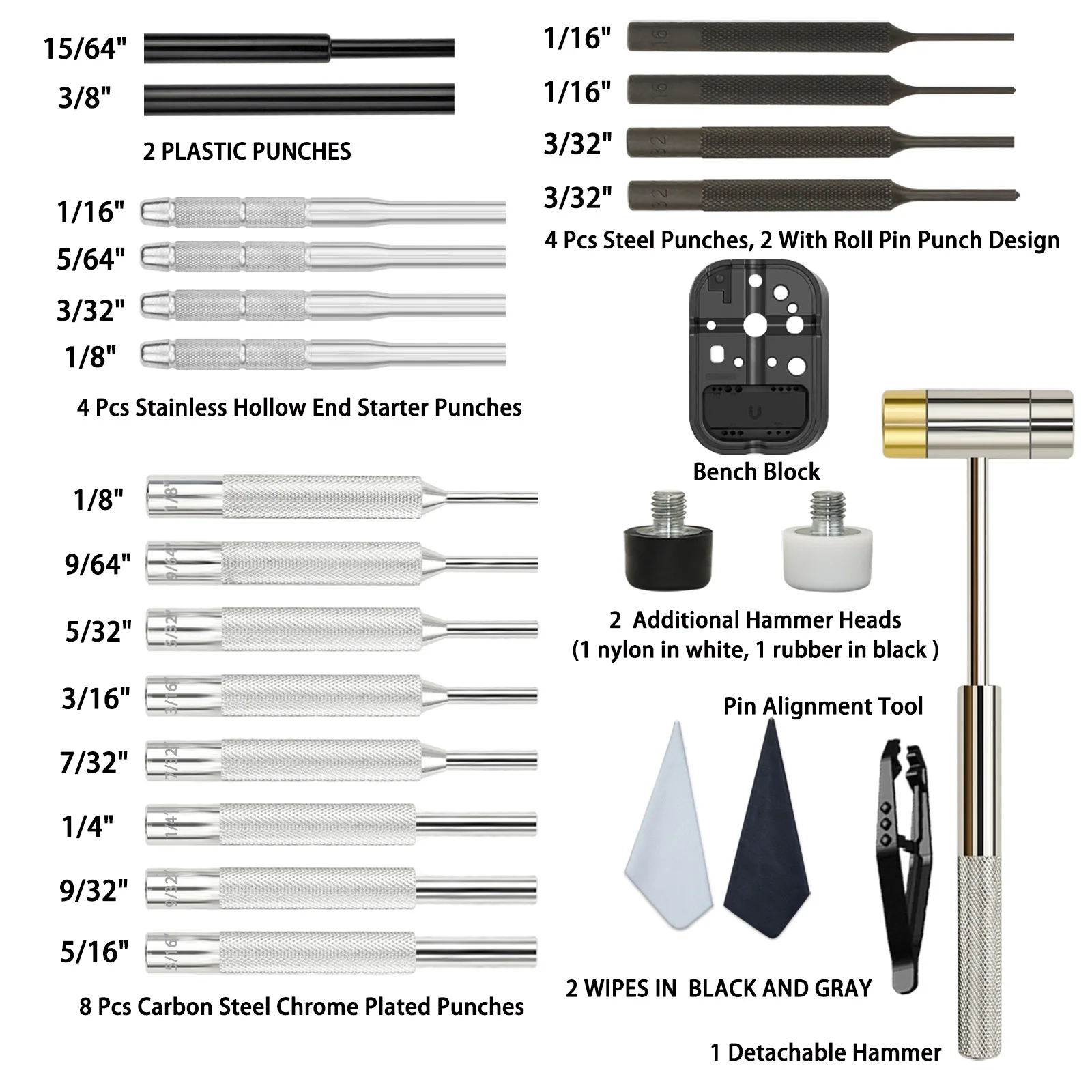 BESTNULE Roll Pin Punch Set, ponsgereedschap, gemaakt van massief materiaal inclusief stalen pons en hamer met bankblok