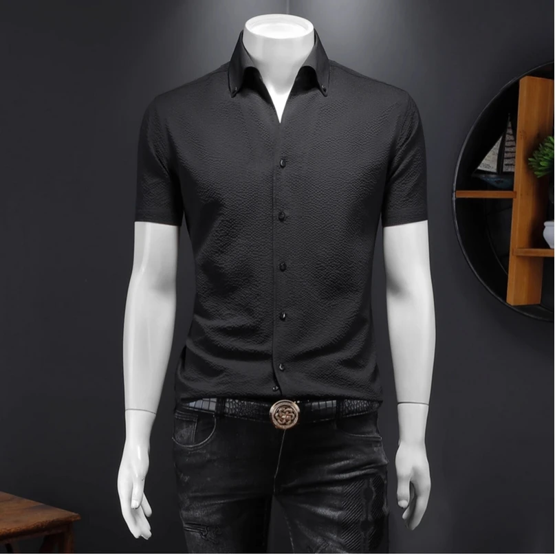 

V-neck shirt men's short sleeved summer new item thin waffle grid inch shirt business casual stand up collar shirt