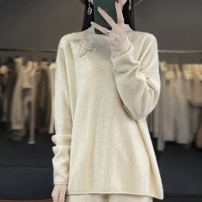 Free Shipping Women Sweaters Loose Pullovers  Autumn/Winter 100% Cashmere And Wool Knit Long Sleeve Female Fashion Jumpers NJ01