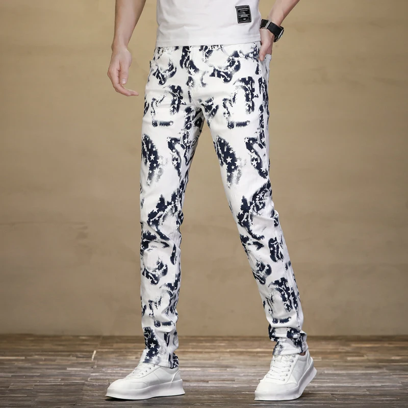 

Fashion personalized printed jeans White for men2024new slim fit feet handsome street style trendy casual pants