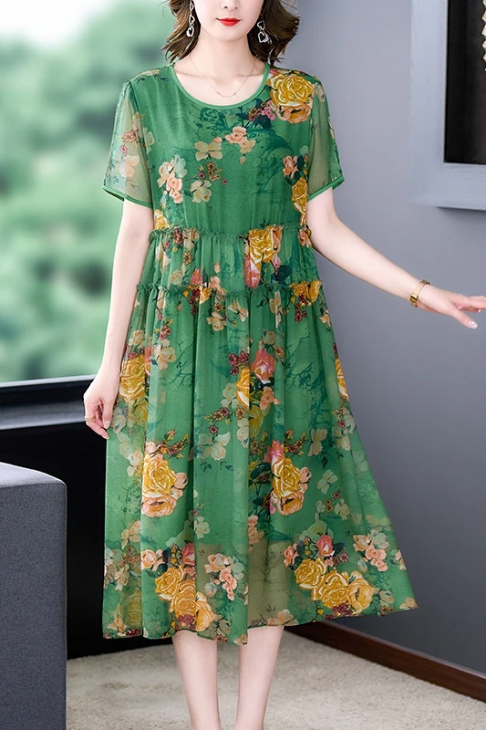 Women Green Floral Silk V-Neck Midi Dress 2024 Boho Fashion Light Casual Beach Dress Summer Korean Elegant Bodycon Party Dress