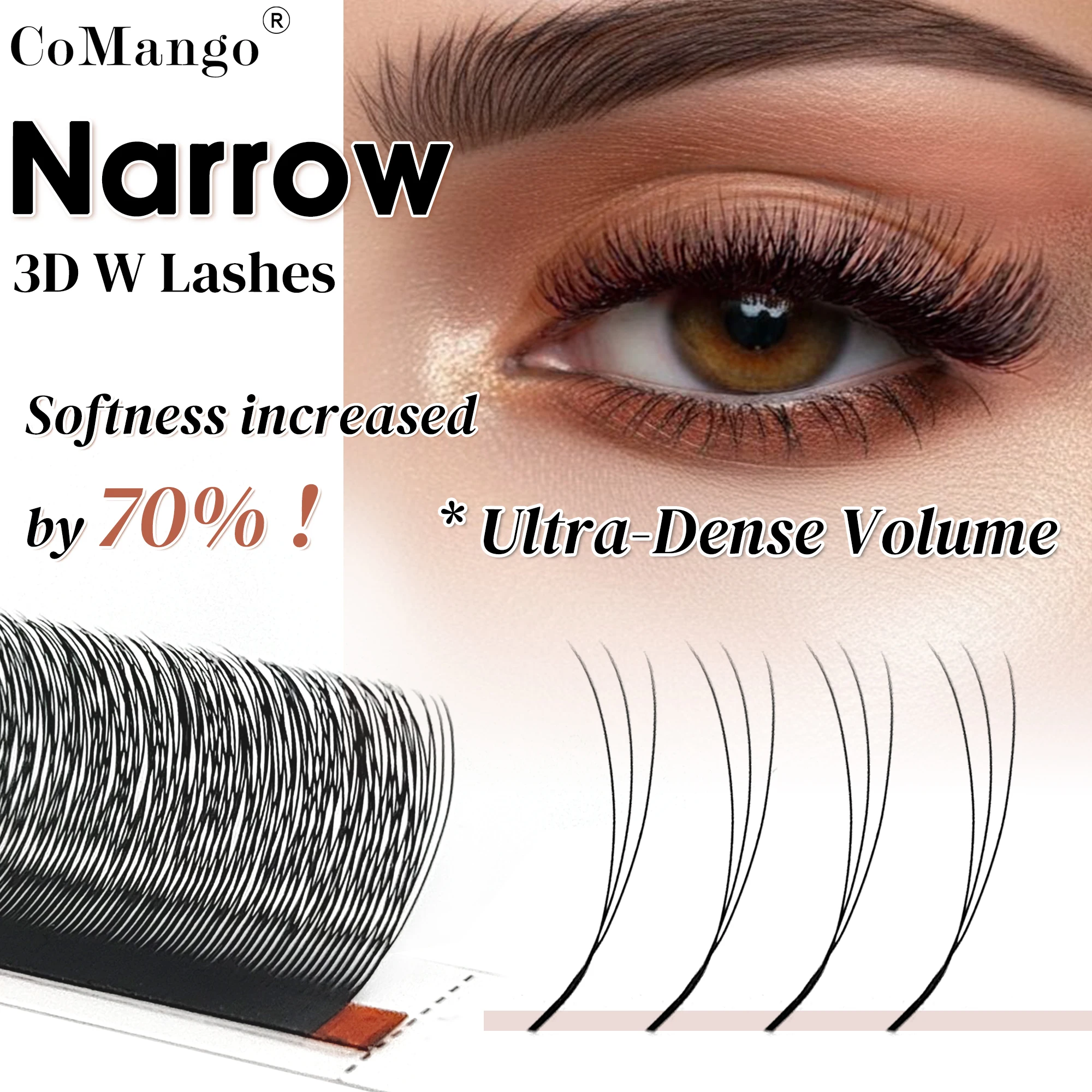 CoMango Schmale, natürliche schwarze 3D-W-förmige Wimpernverlängerungen, 0,07/0,1 mm dick, vorgefertigte Volumen-Fächerwimpern, weiche künstliche Wimpern