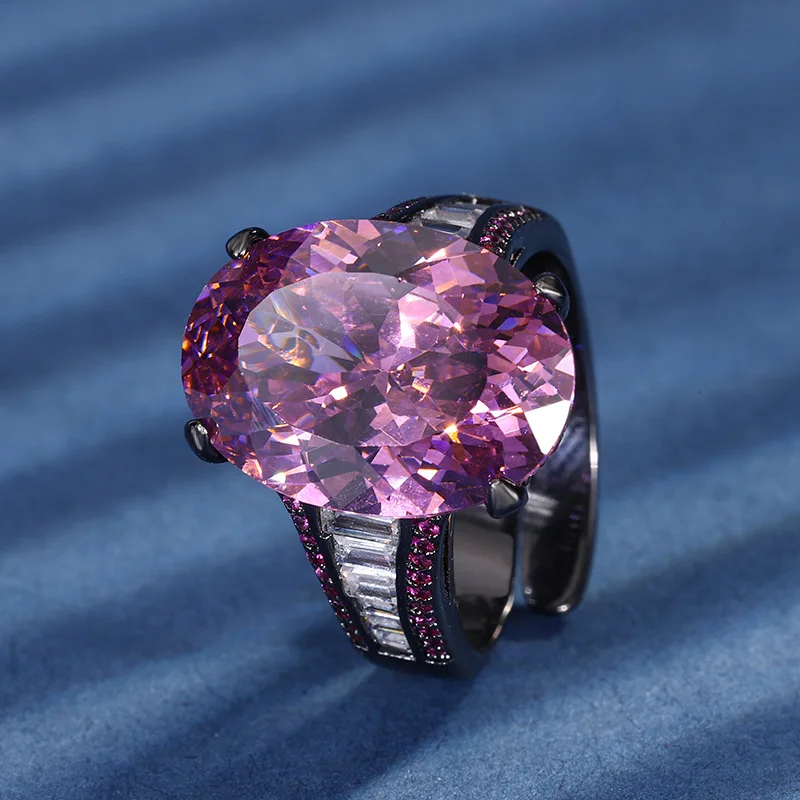 

Adjustable Oversized Oval Red Blue Gemstone Cocktail Ring for Women Crystal Finger Ring Black Plated Band Fashion Party Jewelry