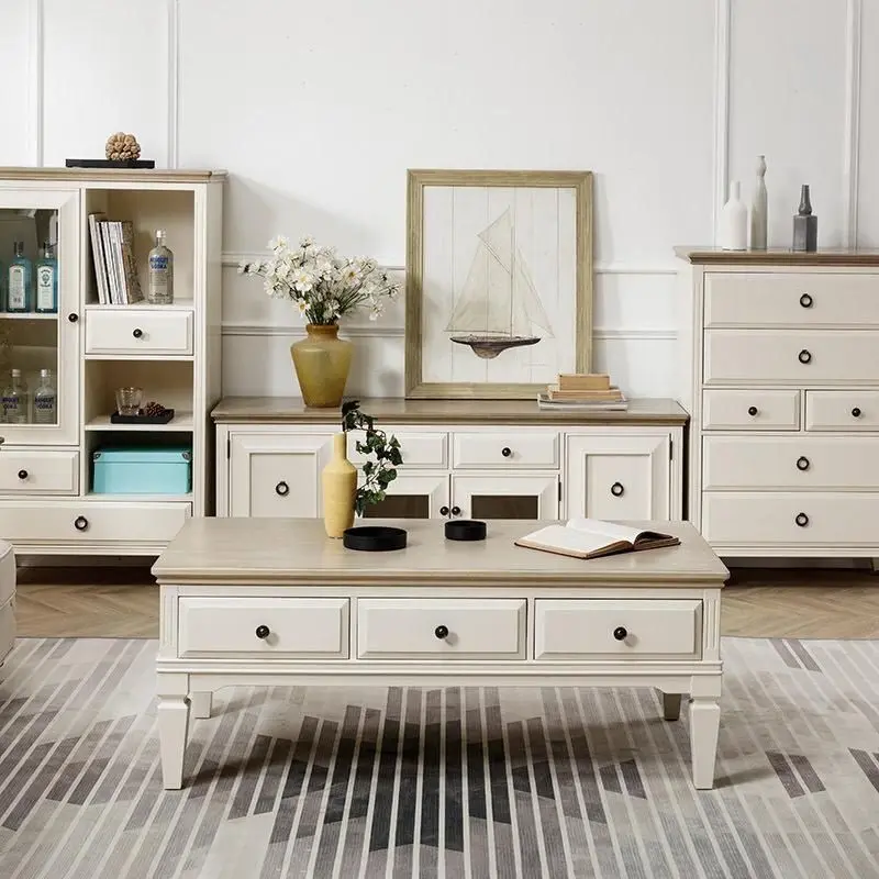 American Internet celebrity TV cabinet Mediterranean pure solid wood furniture double color matching heightening living room
