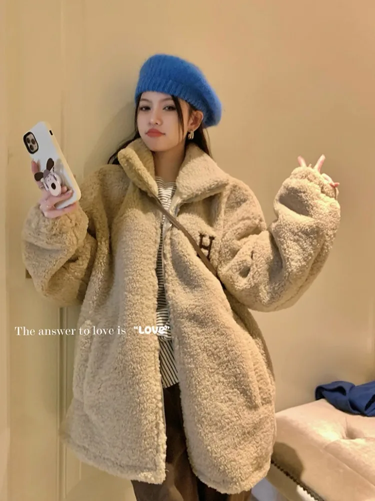 Women Faux Rabbit Fur Coat Thick Warm Fashion Retro Loose Long Sleeve Overcoat Female Plush Teddy Coats Cutecore Clothes Winter