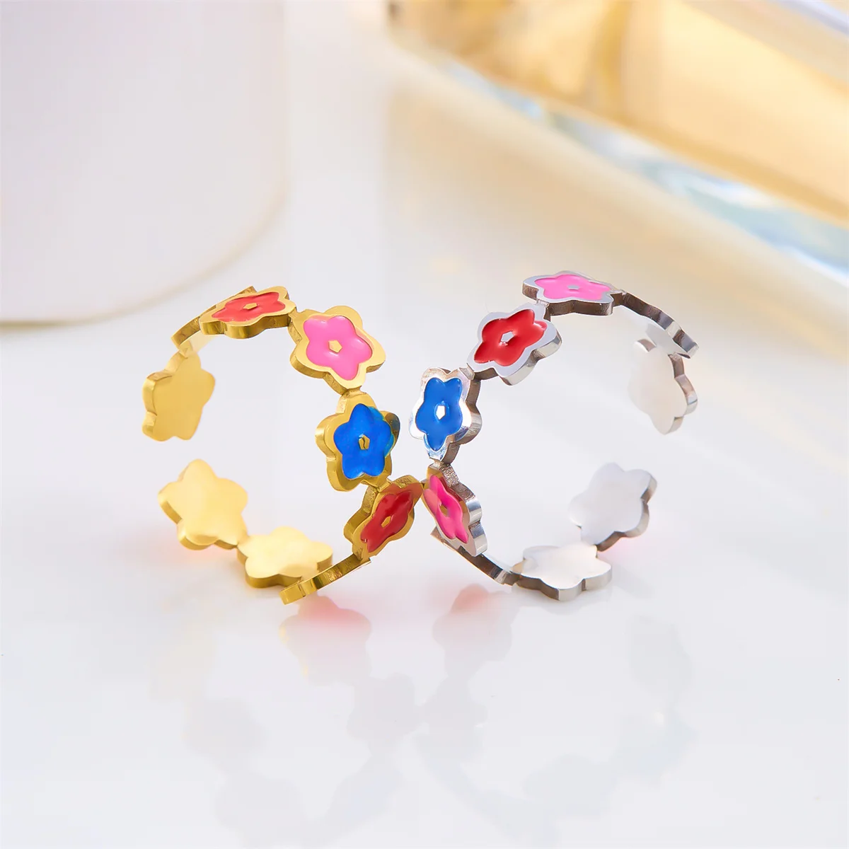 Exquisite Stainless Steel Colorful Enamel Flower Opening Rings For Women Men Fashion Vintage Butterfly Heart Finger Ring Jewelry