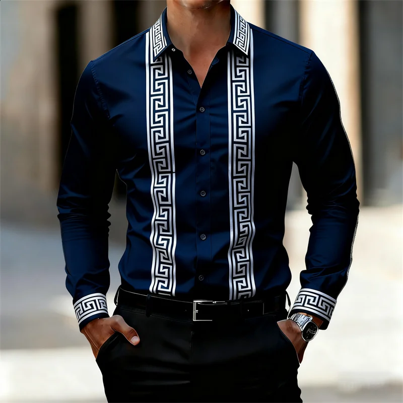 Мужская рубашка в стиле ретро с геометрическим принтом, стильная черная рубашка с длинными рукавами, мужской топ в деловом стиле, доступны несколько цветов, XS-6XL