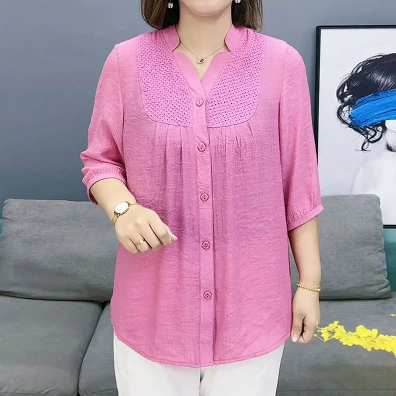 

Stylish Spliced Casual V-Neck Blouse Summer New 3/4 Sleeve Female Clothing Solid Color Folds Loose Commute Single-breasted Shirt