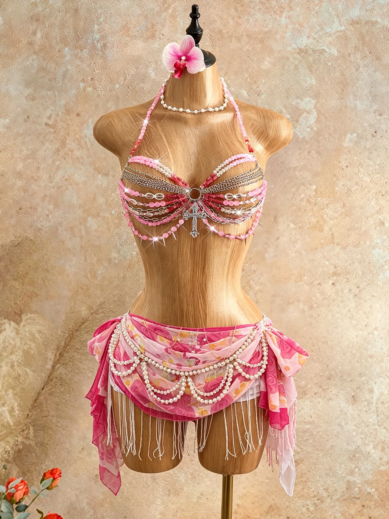 Acrylic Handmade Bead Top, Spicy Girl Hollow Hanging Neck, Body Chain, Nightclub Party, Sexy Bead Chest Chain, Chest Accessory