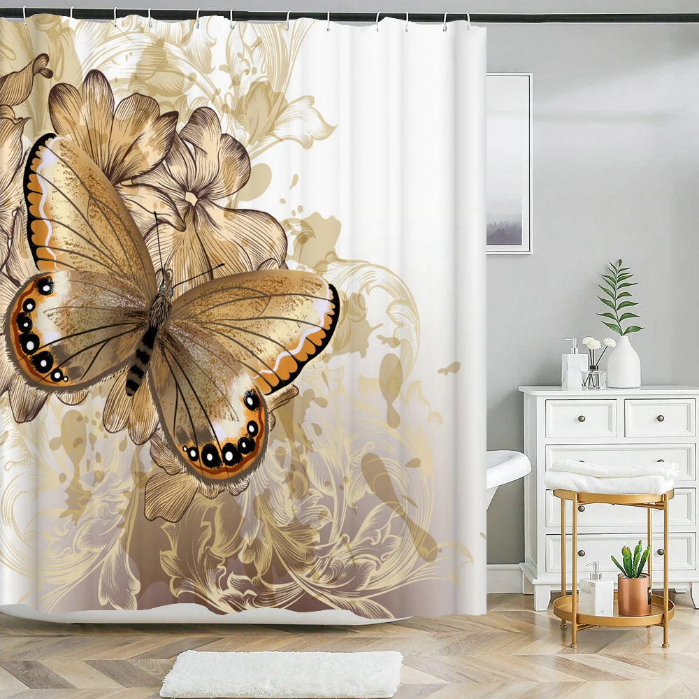 Golden Blue Butterfly Flower Polyester Waterproof Shower Curtain Bathroom Curtains Set Non-Slip Rug Toilet Lid Cover Floor Mats