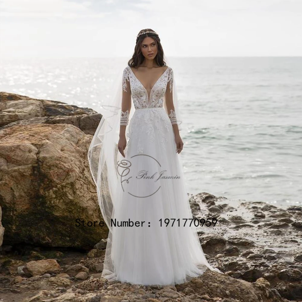 

White V Neck Long Sleeves Chiffon Beach Wedding Dresses Open Back Lace Applique Court Train A-line Bridal Dress Party Vestidos