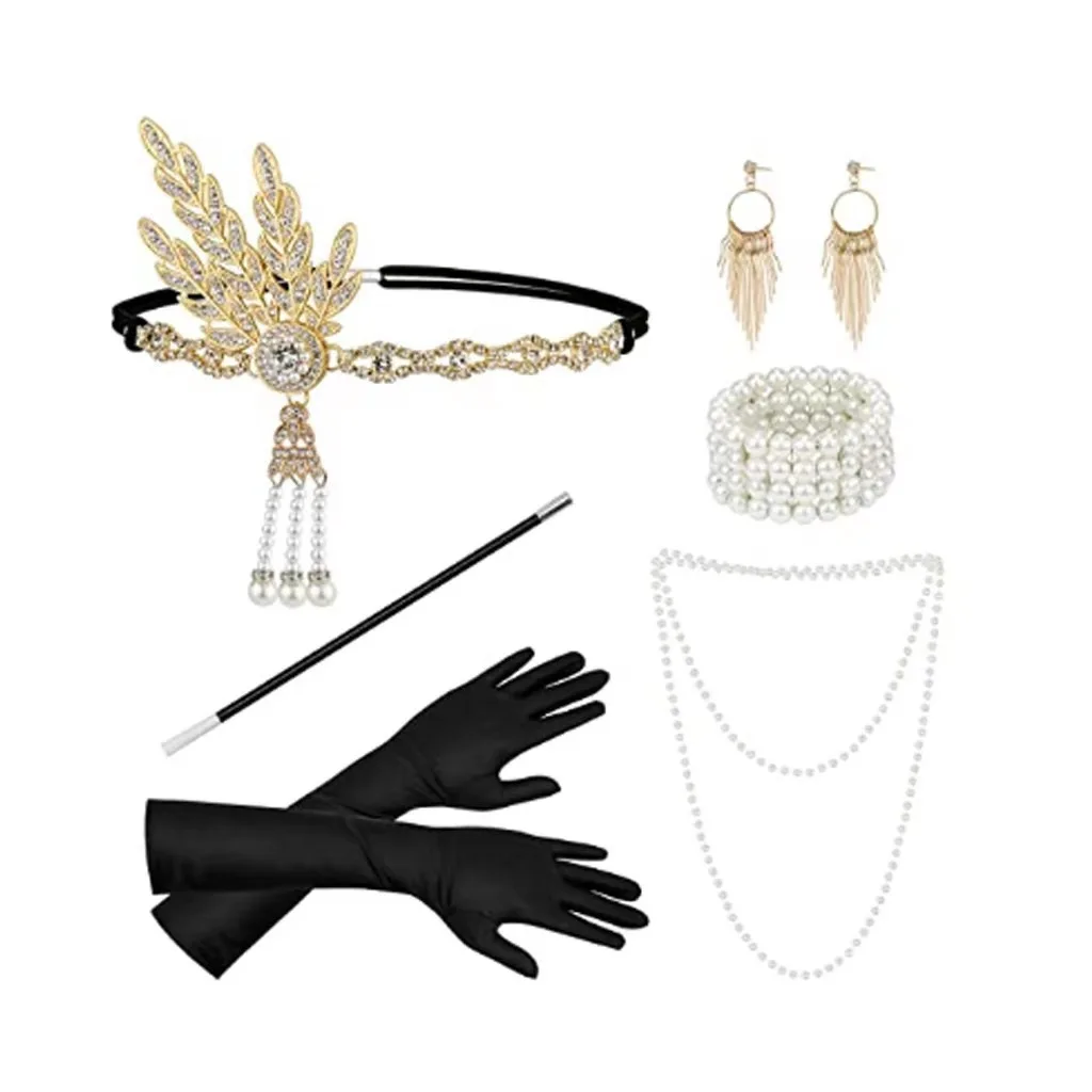 Retro Gatsby Cosplay Bola Acessórios Conjunto, Década de 1920 Bola, Pena Headband, Colar, Ventilador, Meia, Pulseira, Longa Fumaça, Bastão, Luva