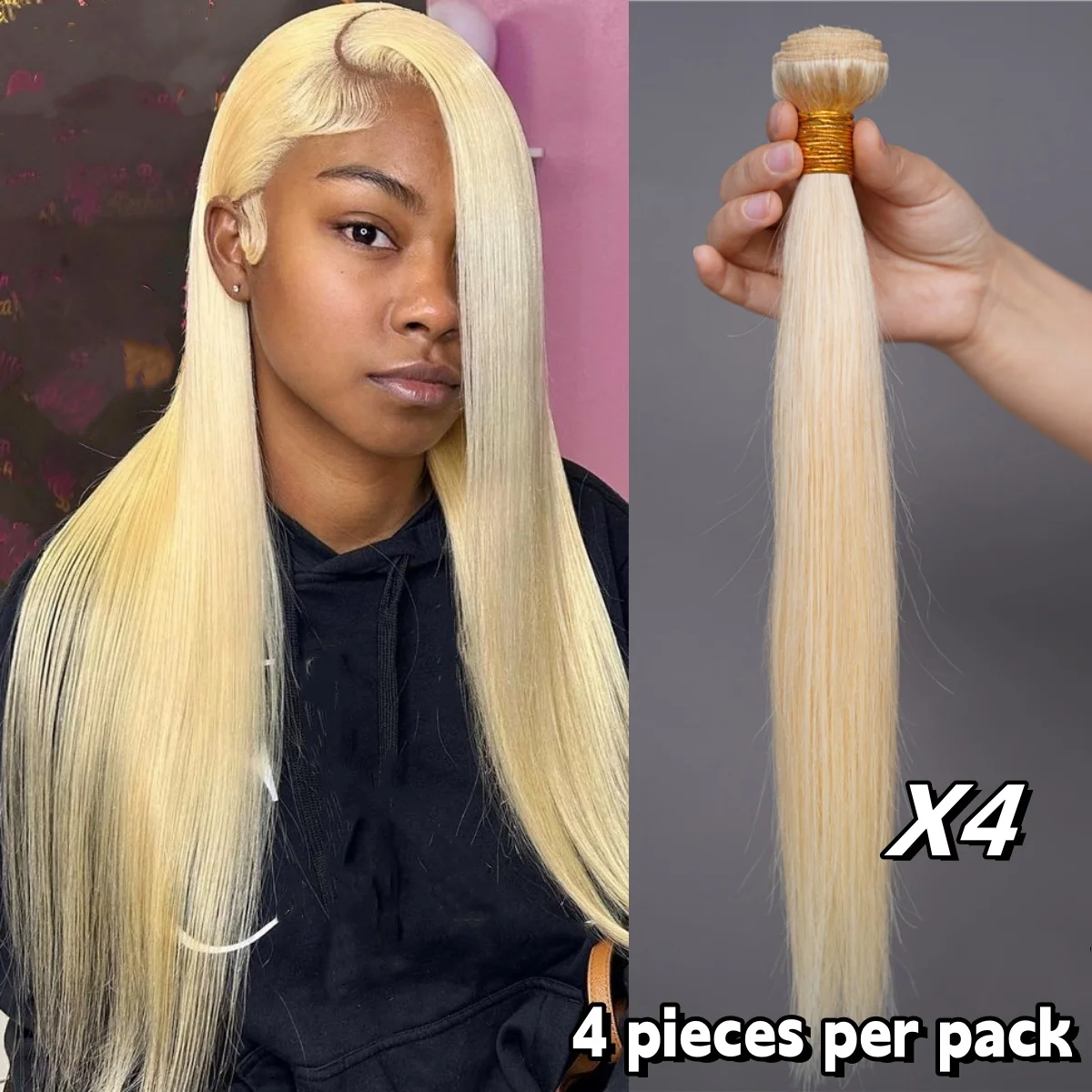 613 Human Hair Bundles 4 Pack 100% Human Hair Extenison Straight Hair Weaving For Women 50g Blonde Human Hair Sew-in Double Weft