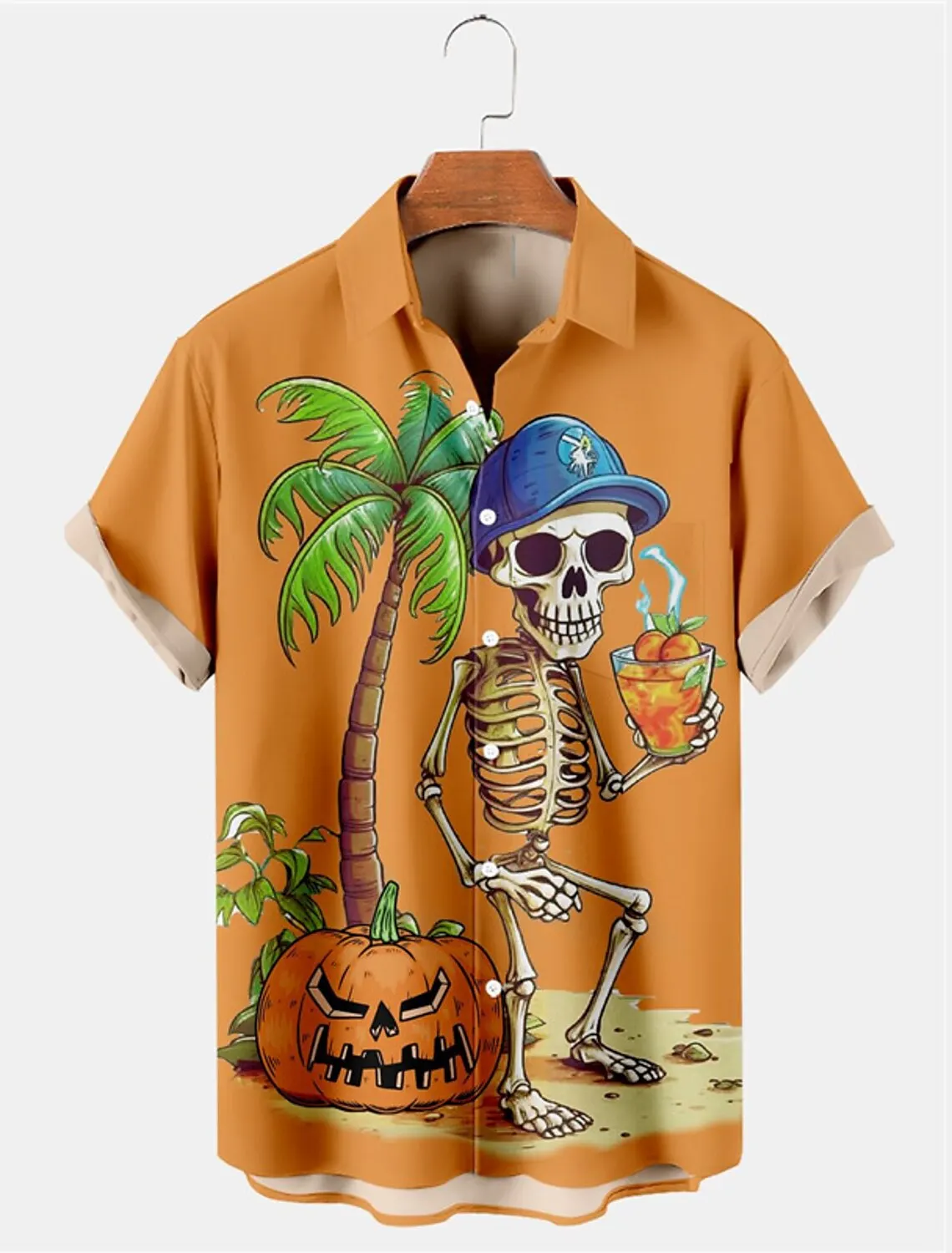 Men's Shirt Skull Coconut Tree Halloween Short Sleeve Print Outfit Fashionable Hawaiian Shirt Design Casual Men's Lapel Top