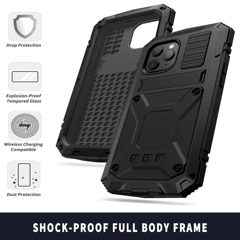 Full-Body Rugged Armor Shockproof Protective Case for iPhone 14 Plus 13 12 Pro Max 15 15pro Kickstand Aluminum Metal Glass Cover