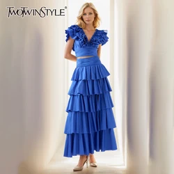 TWOTWINSTYLE Elegan Two Piece Sets For Women V Neck Butterfly Sleeve Tops High Waist Skirts Summer Solid  Set Female Fashion New