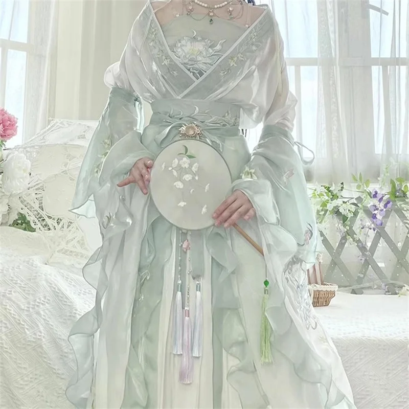 Modern Hanfu Dress Cosplay Anime Chinese Traditional Clothes Women's Halloween Costume Fairy Outfit Summer Light Green Party