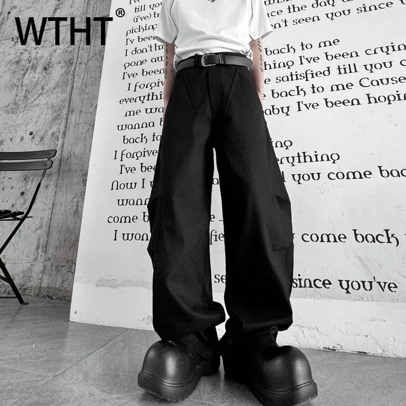 

WTHT Fashion Men's Solid Color Patchwork Pleated Design Denim Pants Trendy American Style Straight Jeans Male 205 Autumn 2A1450