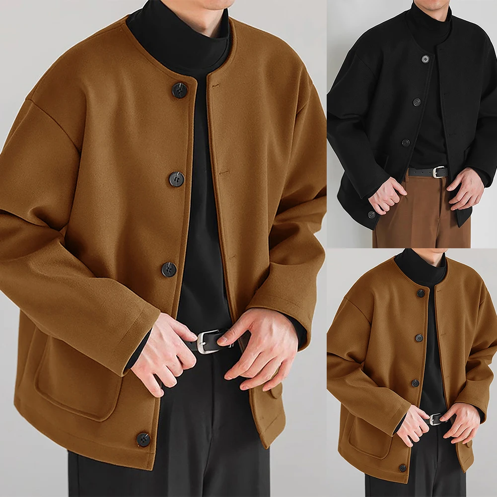 Men Casual Slim Collarless Buttons Coat Round Neck Jacket Outwear Cardigan