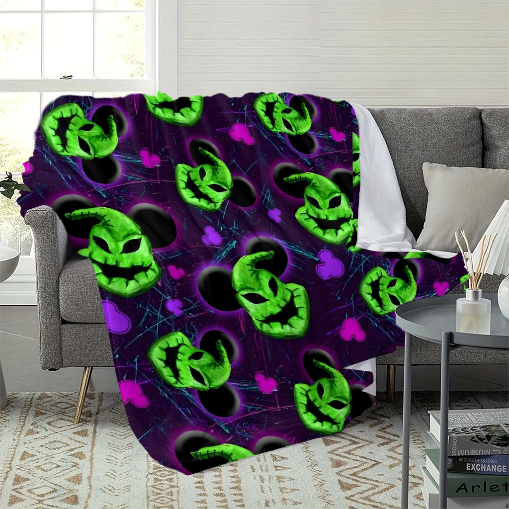 Halloween Green Monster Ghost Flannel Blanket, Purple Background Spooky Demon Face Print Throw Blanket, Soft Warm Bed Sofa Cover