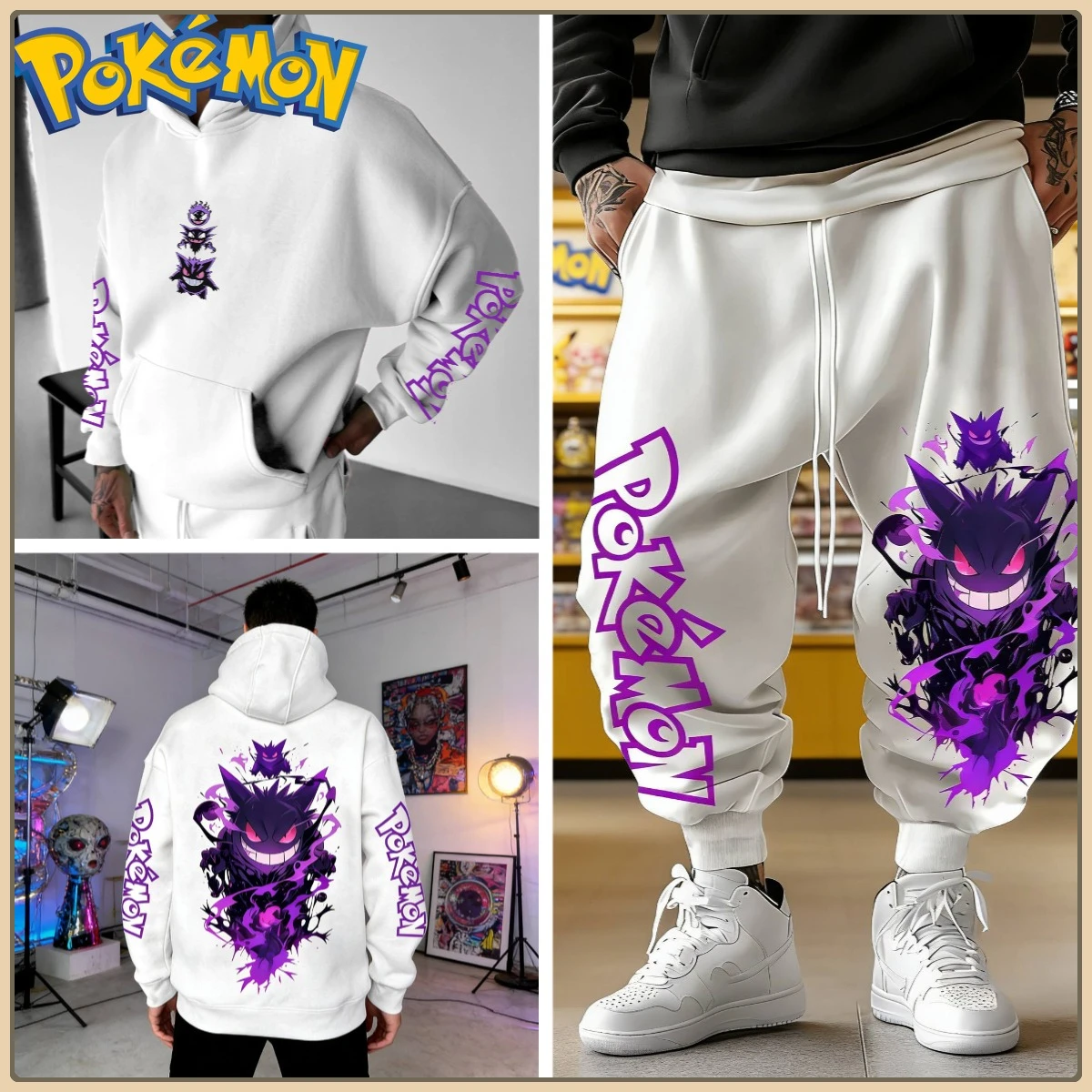 ชุดเสื้อฮู้ดสีดำและกางเกงขายาวพิมพ์ลายตัวละครโปเกมอนที่แขนเสื้อและข้างเสื้อ ชุดลำลองสไตล์สตรีทแอนิเมะสำหรับผู้ชายและผู้หญิง