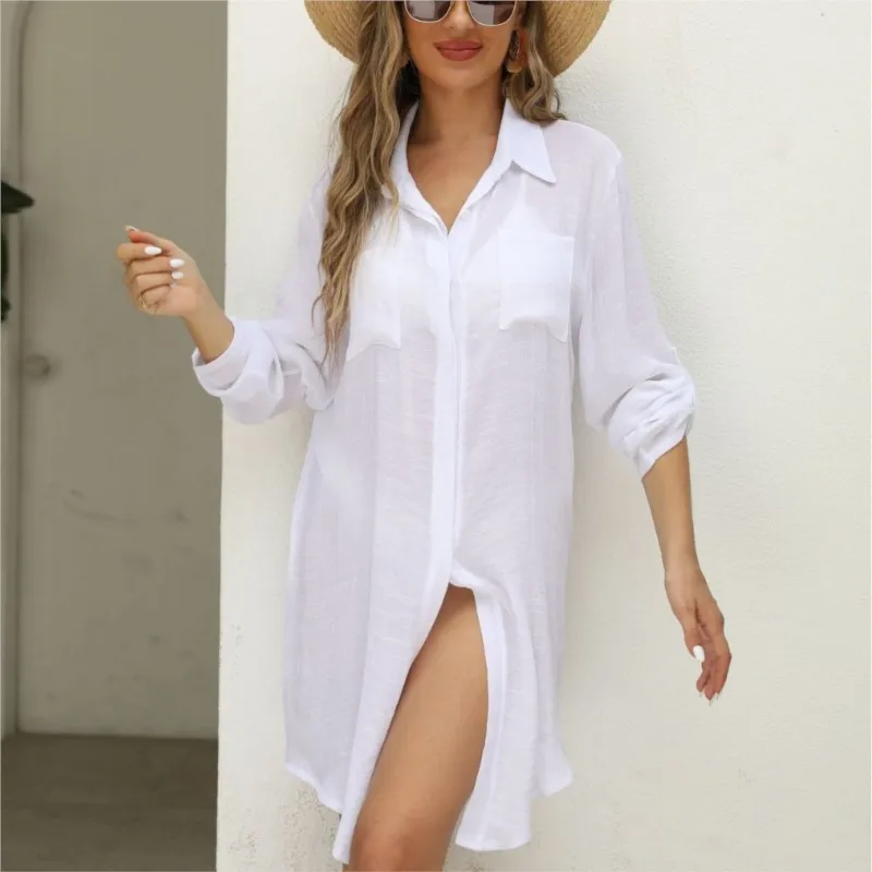 Tunique en coton pour femmes, vêtements de plage, couleur unie, coupe ample, Cover-up pour Bikini, chemise transparente, robe coréenne