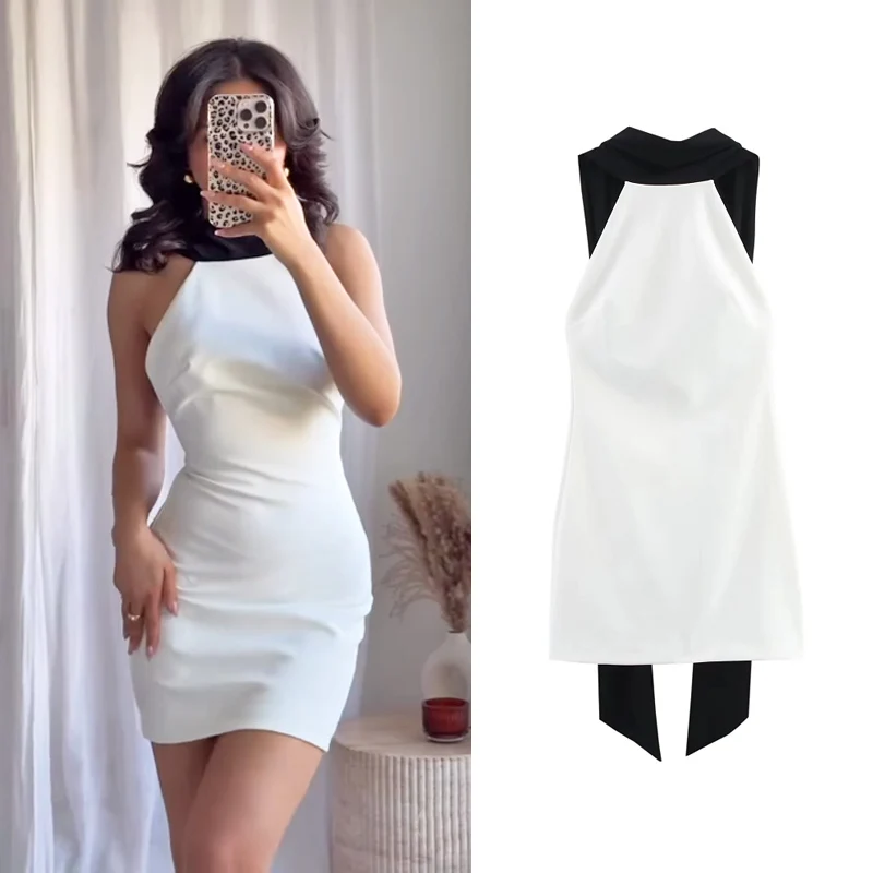 HXAO Weißes kurzes Kleid 2025, Damen Frühling Sommer, elegante Mini-Neckholder-Kleider, modisch, lässig, Party, Abend, Ballkleider, Vestidos