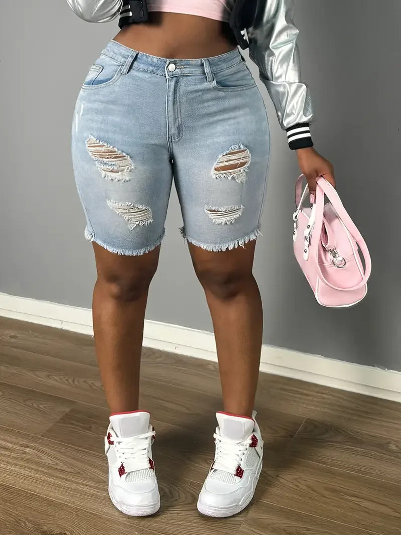 Light Blue Ripped Stretch Short Jeans, Pocket Trim Short Jeans, Women's Jeans and Clothing