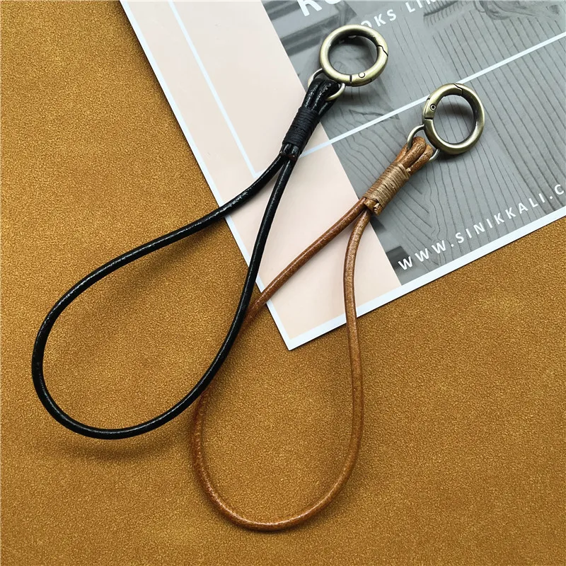 Keychain Lanyard Genuine Leather Cord for Keys Strap Bronze Color Rope Key Chain Metal Keyring Accessories Premium Wrist Strap