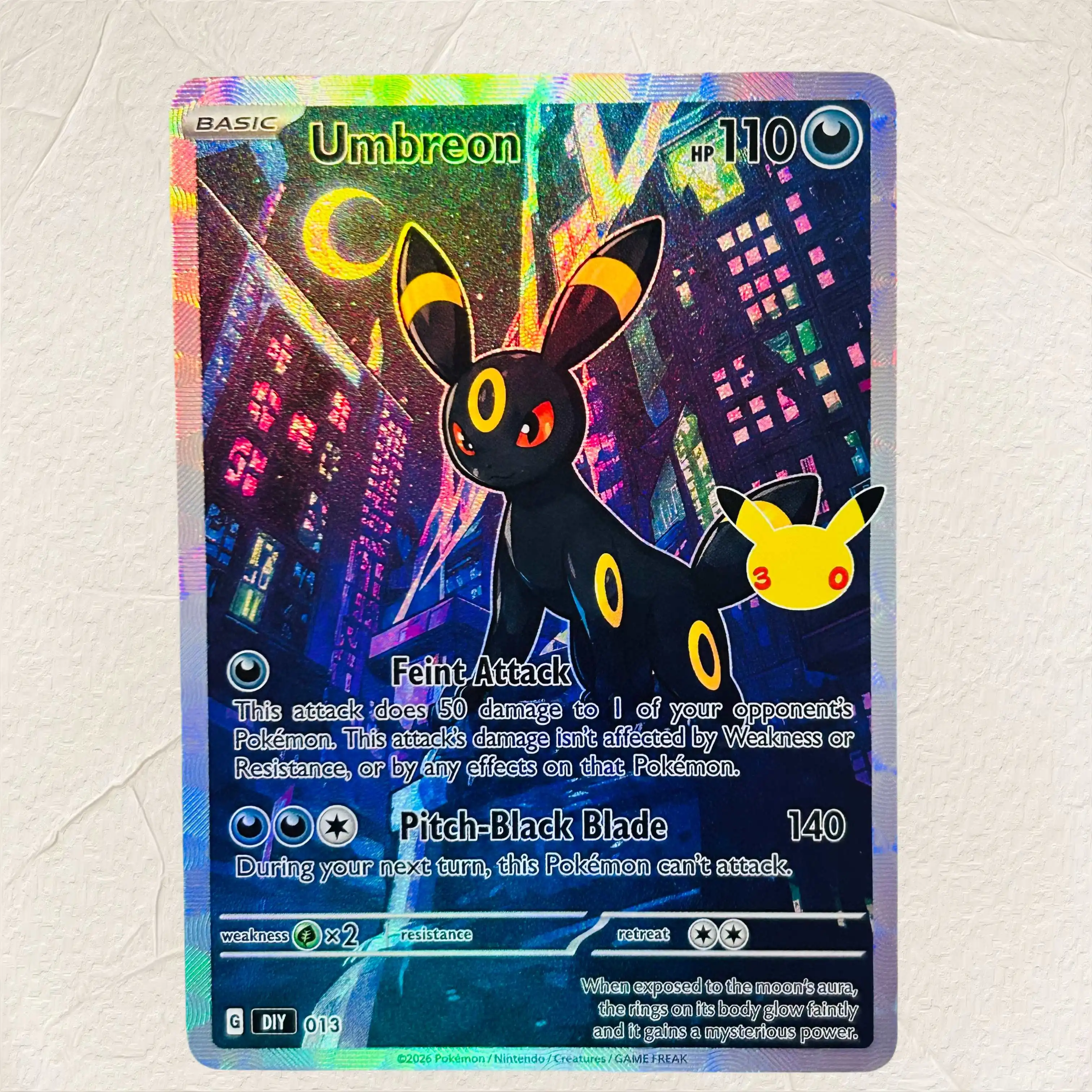 

DIY Pokemon Umbreon 013 30th Anniversary Holographic Texture Cards EN Version Perfect Condition Classic Anime Collectible TCG