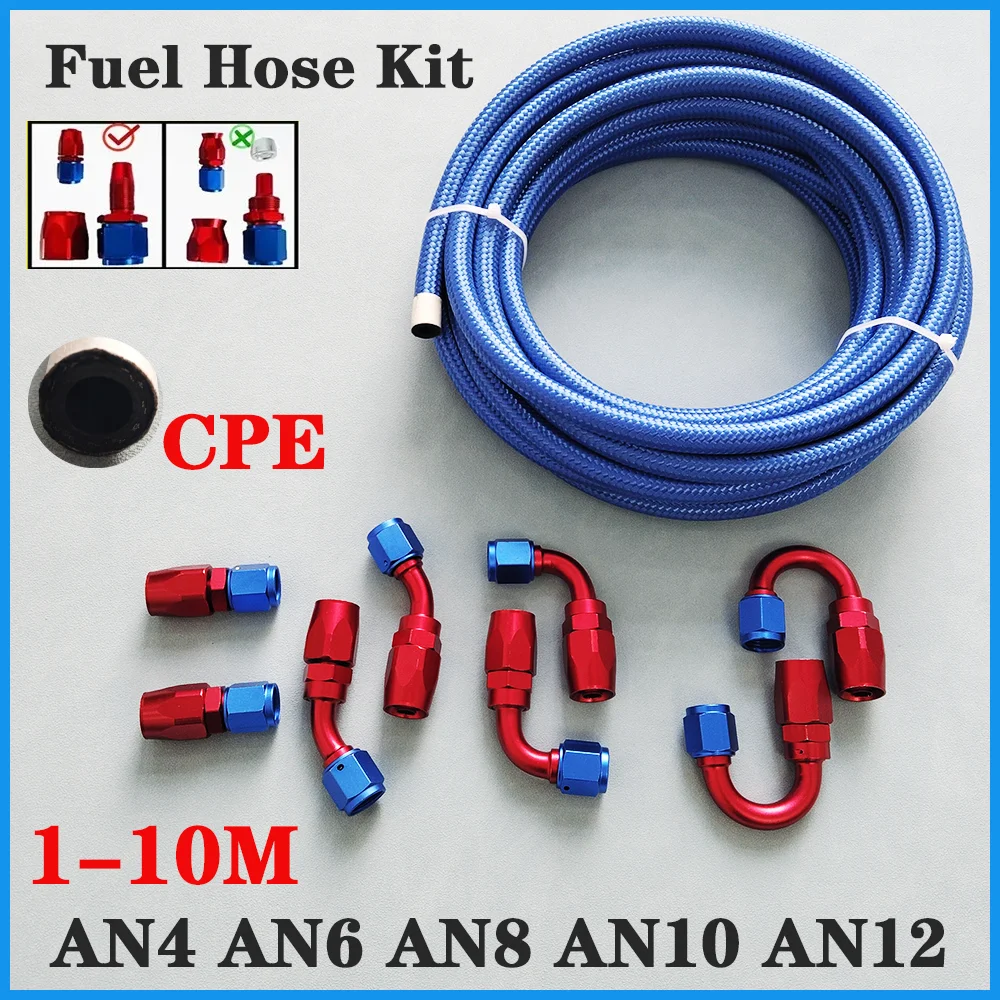 1-10M AN4 AN8 AN10 AN12 CPE Fuel Line Hose Kit, E85 Blue Nylon Braided Fuel Hose 8PCS Swivel Fuel Hose End Fitting Adapters Kit