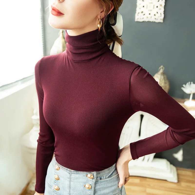 Mesh Base T Shirt Women Turtleneck Full Sleeve T-shirts Tees Girls Solid Slim Tshirts Tops Female