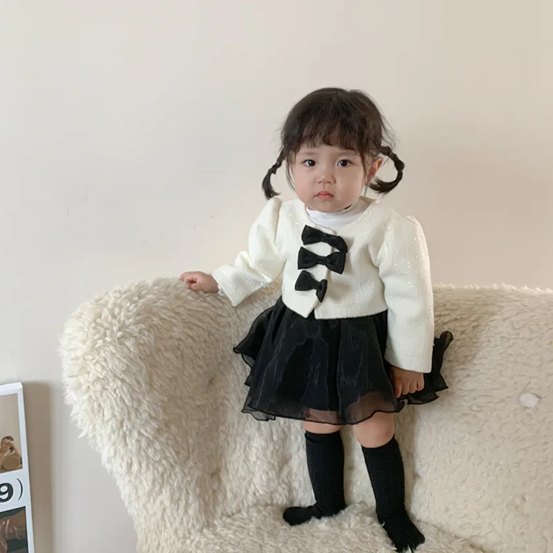 Baby Clothes Girls Suit Climb Spring and Autumn Girls Casual Simple Sweet Cute Bow Coat and Skirt Baby Fashion Two Piece Set