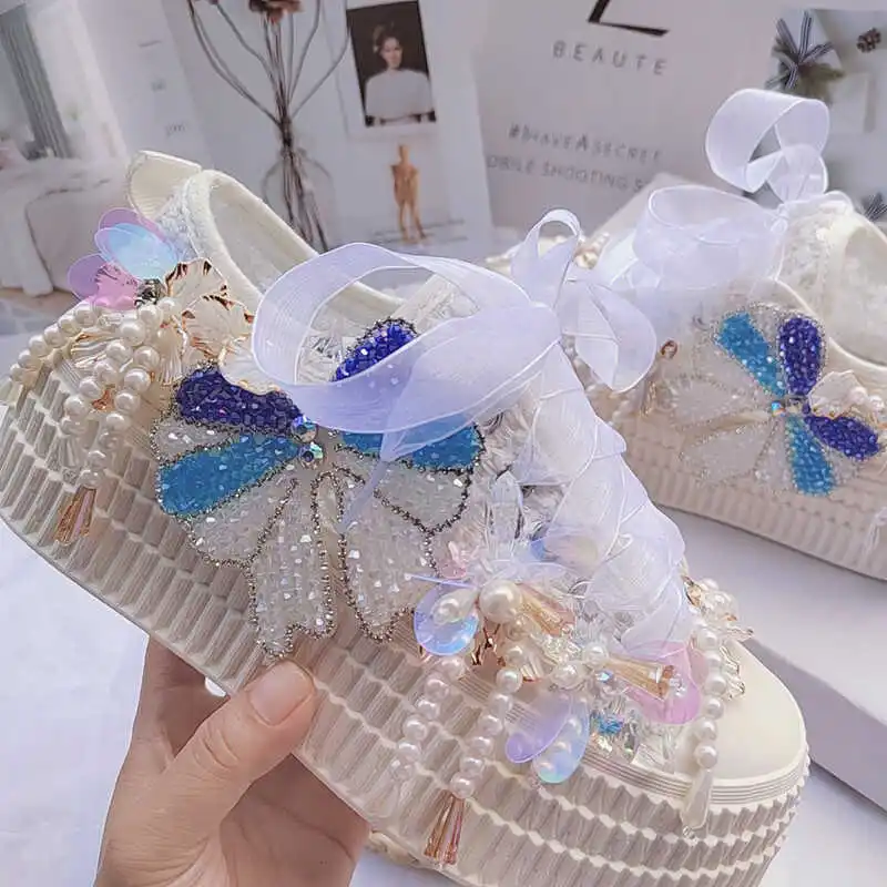 Luxury Rhinestones Pearls Beaded Ladies Trainers Thick Bottom Platform White Canvas Casual Women Sneaker Female Shoes