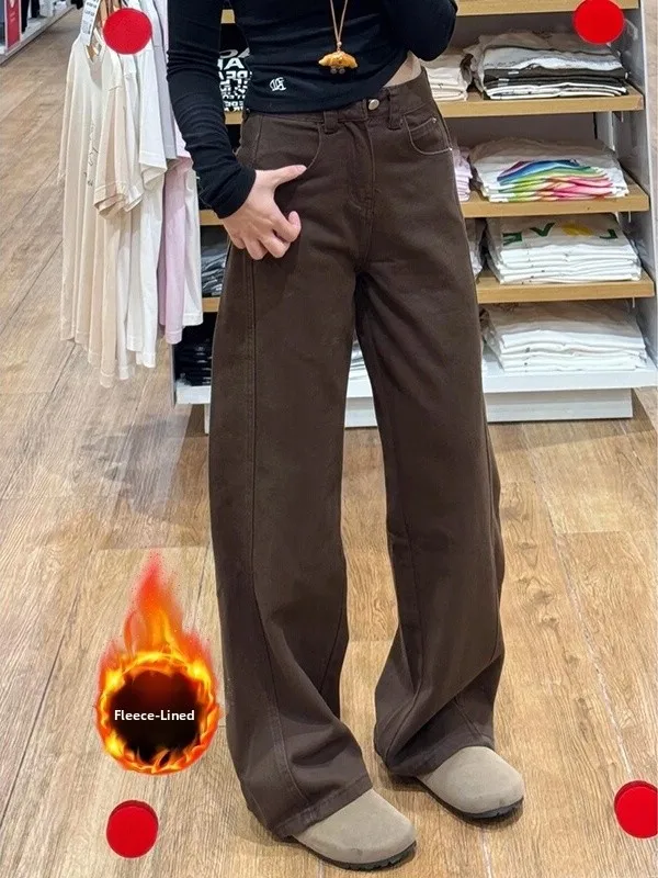 

Retro Brown Fce Lined Wide Leg Jeans High Waist Straight Cut Thiened Autumn Winter Women's Clothing Casual Trousers