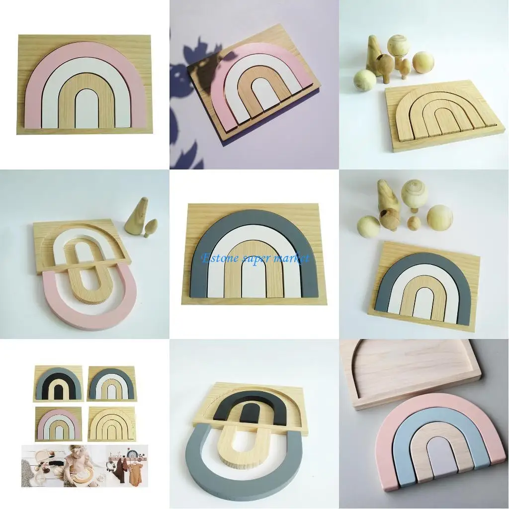 090B Kinderen Onderwijs Speelgoed Cadeau Baby Kinderen Hout Regenboog Stapelspel Bouwsteen