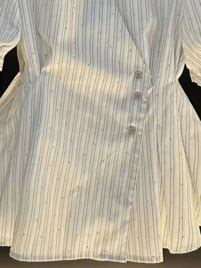 

Women's Collar Striped ort Sve irt Slimming Waist Design Skirt Sle Hemline Comfortable Fit Summer Faion Top