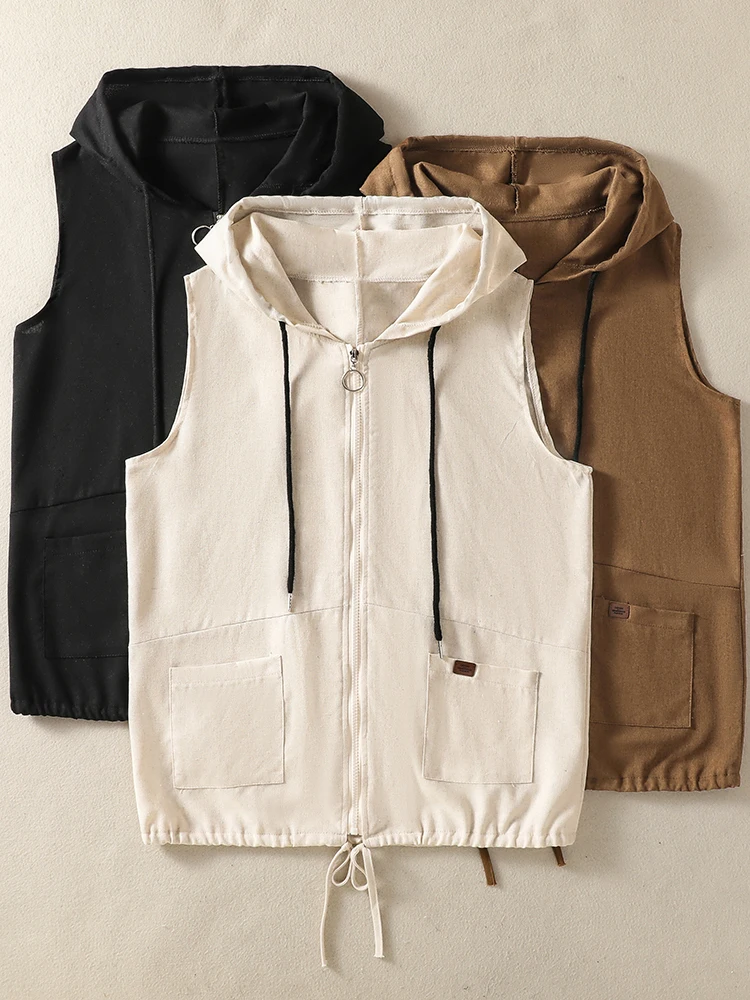 

Художественный винтажный льняной кардиган-жилет с капюшоном, большие размеры, женский повседневный свободный топ без рукавов на молнии, короткая верхняя одежда