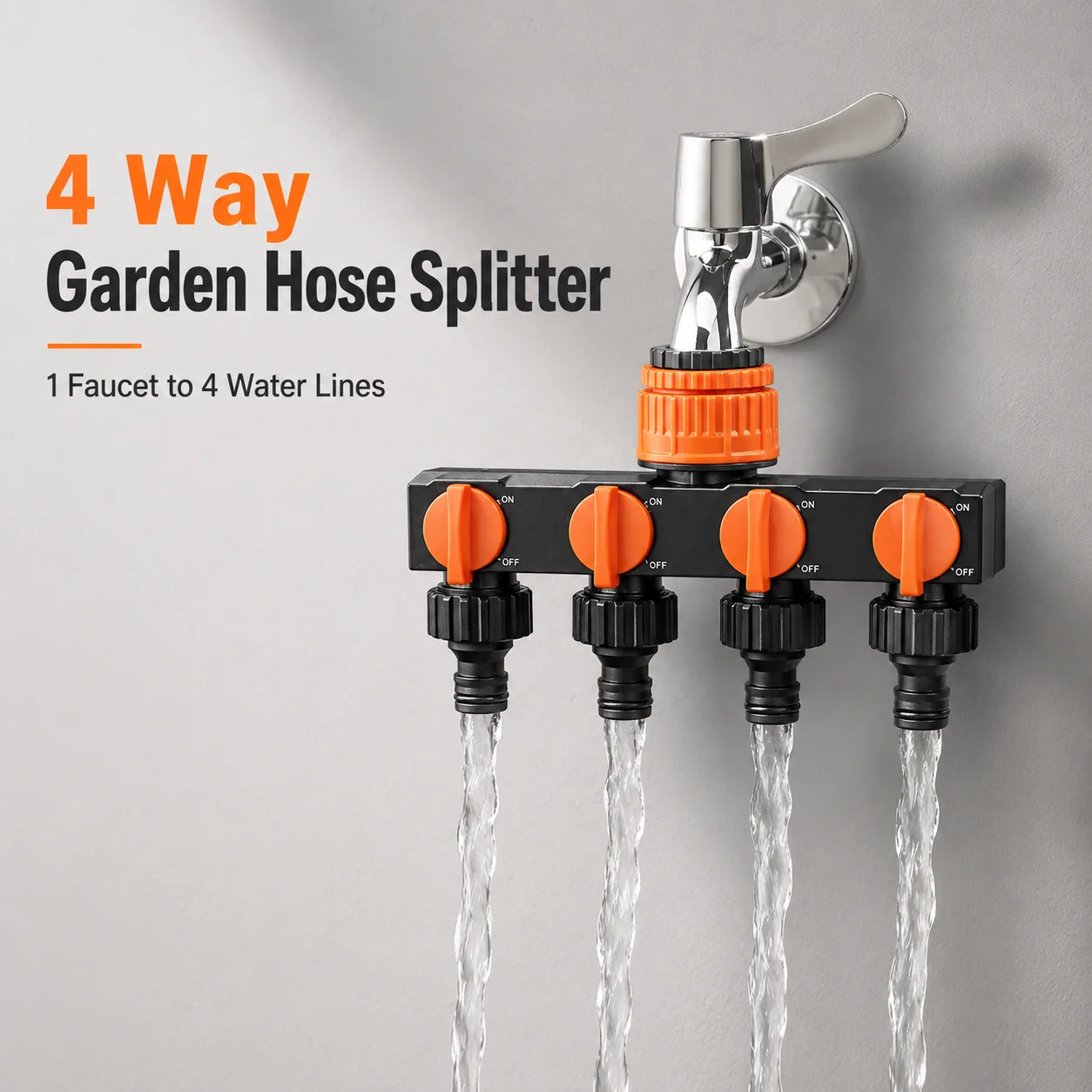 

4 Way Garden Hose Splitter Water Valve Distributor with Shut Off Switches Irrigation Faucet Connector