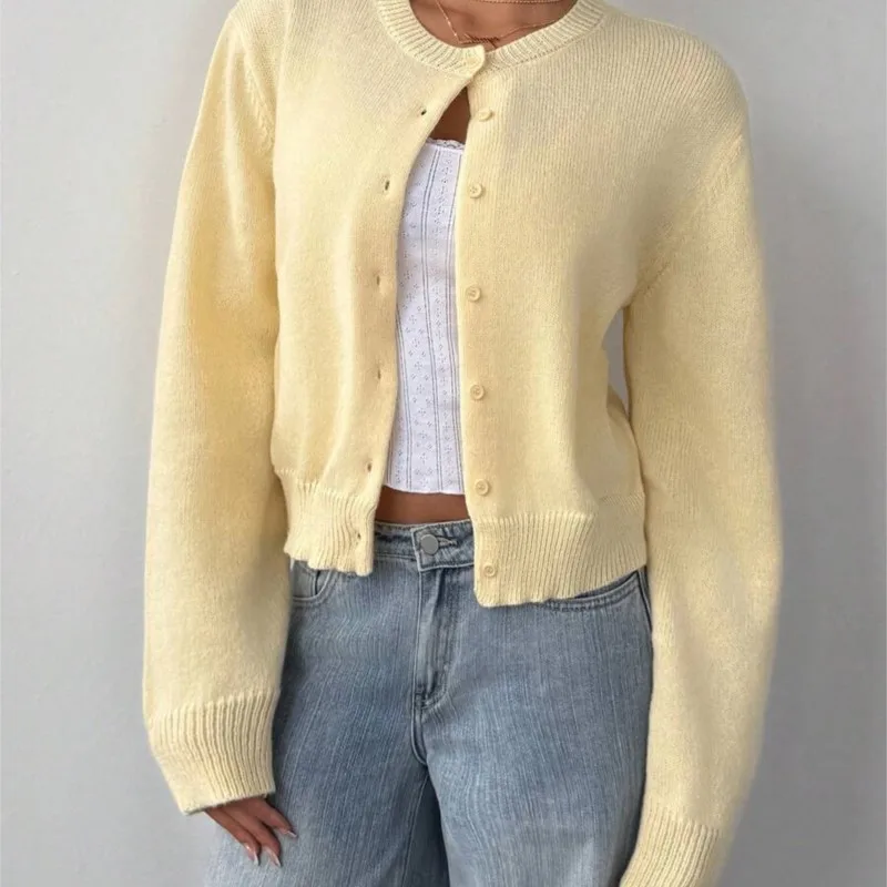 

Autumn Winter Round Neck Threaded Long Sleeved Button Women's Cardigan Jacket Sweater Short Leisure Loose Solid Color Top