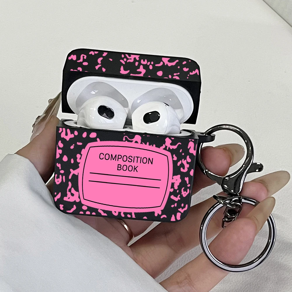 Pink Composition Book Pattern Earphone Case for AirPods Pro3/Pro2/Pro, AirPods 1/2/3/4 Shockproof Protective Cover with Keychain