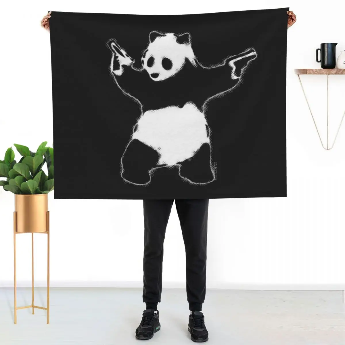 Banksy Panda with guns black and white grunge Graffiti Street art on black background HD HIGH QUALITY ONLINE STORE Throw Blanket