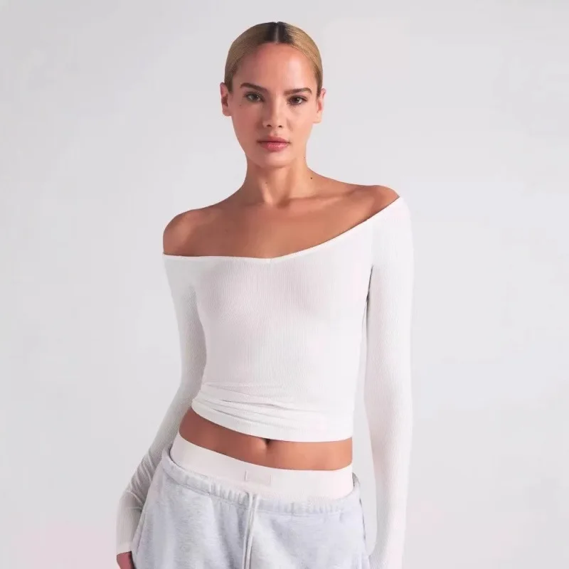 

Soft Lounge Long Sve Tead Oulder Top Женская повседневная футболка Slim Fit Pure Color Весенний сезон Cool Feeling